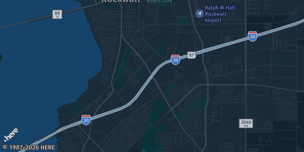 Map of Rockwall, TX. The exact address of Hilton Rockwall is not known, so the map shows the area rather than a specific building.