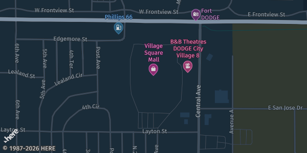 Map showing Village Square Mall in Dodge City, KS.