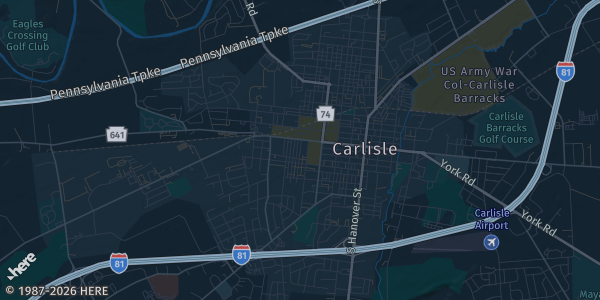 Map of Carlisle, PA. The exact address of Carlisle Comic Con is not known, so the map shows the area rather than a specific building.