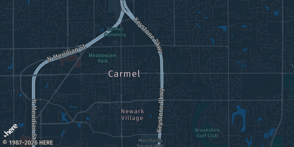 Map of Carmel, IN. The exact address of Aletto Family Sports Center is not known, so the map shows the area rather than a specific building.