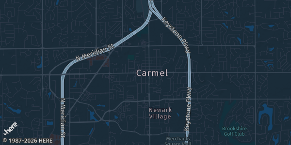 Map of Carmel, IN. The exact address of American Legion Post 155 is not known, so the map shows the area rather than a specific building.