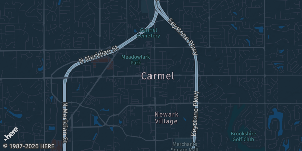 Map of Carmel, IN. The exact address of American Legion Post 155 is not known, so the map shows the area rather than a specific building.