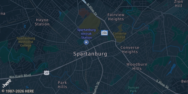 Map of Spartanburg, SC. The exact address of Global Sports is not known, so the map shows the area rather than a specific building.