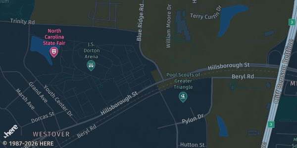 Map of Raleigh, NC. The exact address of NC State Fairgrounds is not known, so the map shows the area rather than a specific building.