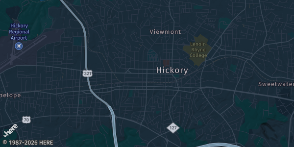 Map of Hickory, NC. The exact address of Hickory Metro Convention Center is not known, so the map shows the area rather than a specific building.