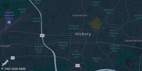 Map of Hickory, NC. The exact address of Hickory Metro Convention Center is not known, so the map shows the area rather than a specific building.