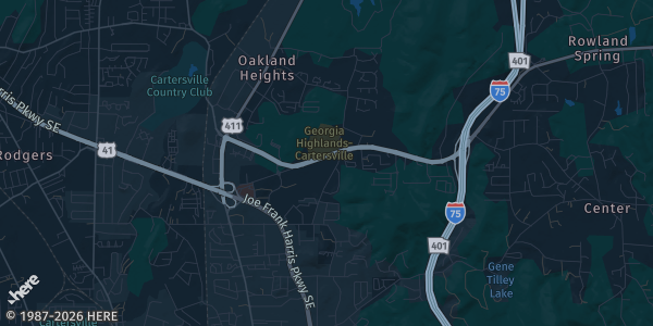 Map of Cartersville, GA. The exact address of Clarence Brown Conference Center is not known, so the map shows the area rather than a specific building.