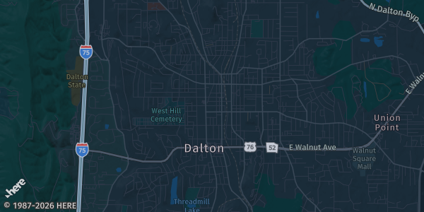 Map of Dalton, GA. The exact address of Dalton Mall is not known, so the map shows the area rather than a specific building.