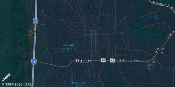 Map of Dalton, GA. The exact address of Dalton Mall is not known, so the map shows the area rather than a specific building.