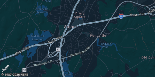 Map of Auburn, MA. The exact address of J. Anthony's Italian Grill is not known, so the map shows the area rather than a specific building.