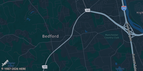 Map of Bedford, NH. The exact address of Murphy's Taproom is not known, so the map shows the area rather than a specific building.