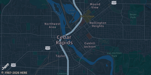 Map of Cedar Rapids, IA. The exact address of Cedar Rapids Collectibles Showcase is not known, so the map shows the area rather than a specific building.