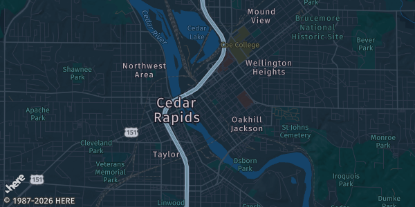 Map of Cedar Rapids, IA. The exact address of Cedar Rapids Collectibles Showcase is not known, so the map shows the area rather than a specific building.