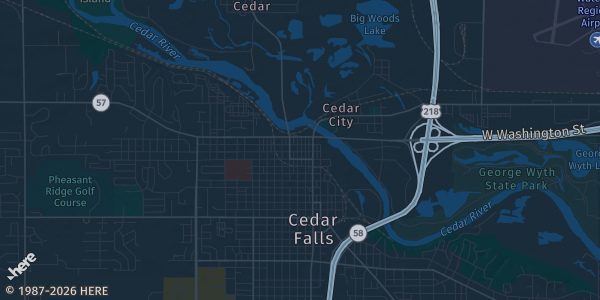 Map of Cedar Falls, IA. The exact address of College Square Mall is not known, so the map shows the area rather than a specific building.