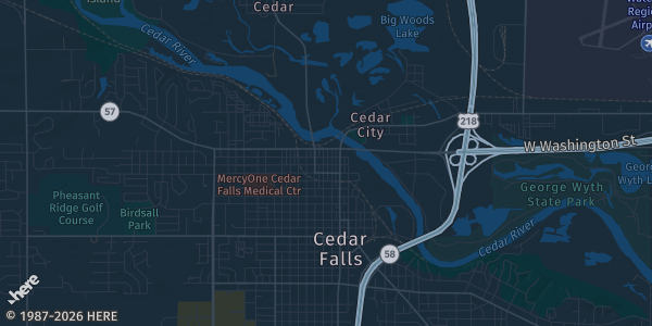 Map of Cedar Falls, IA. The exact address of College Square Mall is not known, so the map shows the area rather than a specific building.