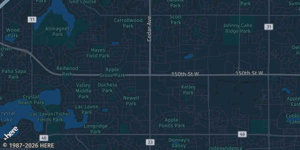 Map of Apple valley, MN. The exact address of Apple Valley sports arena is not known, so the map shows the area rather than a specific building.