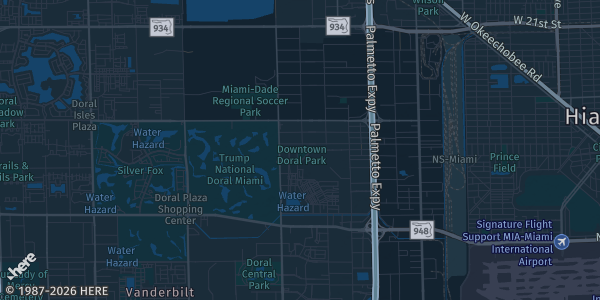 Map of Doral, FL. The exact address of Doral Central Park Community Center is not known, so the map shows the area rather than a specific building.