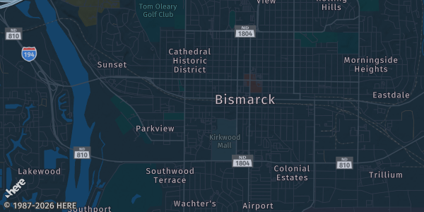 Map of Bismarck, ND. The exact address of Central Dakota Card Show is not known, so the map shows the area rather than a specific building.