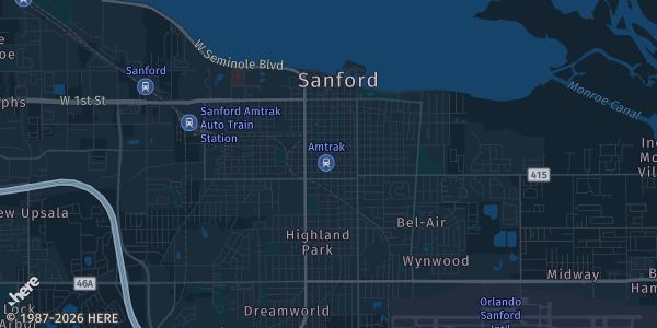 Map of Sanford, FL. The exact address of Sanford Garden Club is not known, so the map shows the area rather than a specific building.