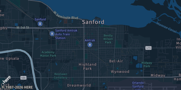Map of Sanford, FL. The exact address of Sanford Garden Club is not known, so the map shows the area rather than a specific building.