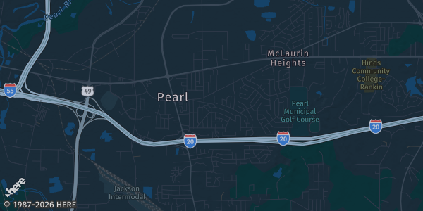 Map of Pearl, MS. The exact address of Holiday Inn Pearl is not known, so the map shows the area rather than a specific building.