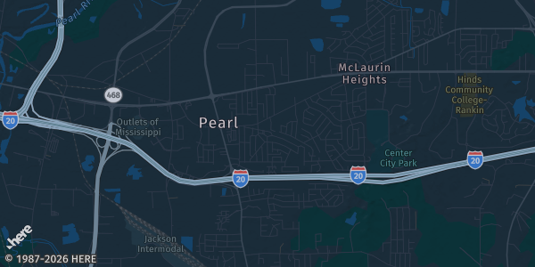 Map of Pearl, MS. The exact address of Holiday Inn Pearl is not known, so the map shows the area rather than a specific building.
