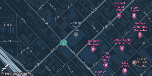 Map showing The Modesto Centre Plaza in Modesto, CA.