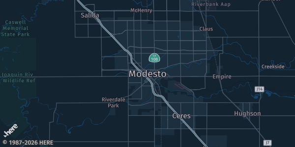 Map of Modesto, CA. The exact address of Modesto, California - Stanislaus County Veterans Hall is not known, so the map shows the area rather than a specific building.