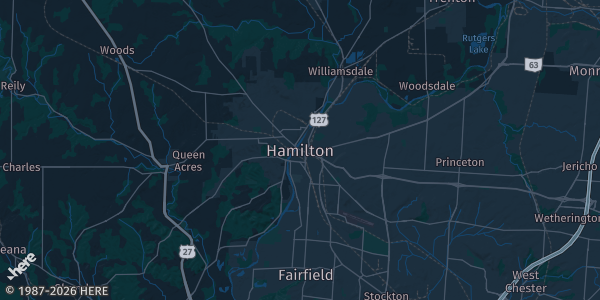 Map of Hamilton, OH. The exact address of Champion Mill is not known, so the map shows the area rather than a specific building.