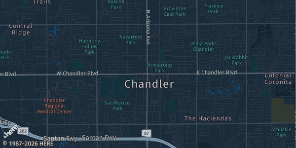 Map of Chandler, AZ. The exact address of Knights of Columbus is not known, so the map shows the area rather than a specific building.
