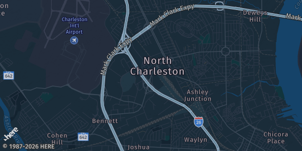 Map of North Charleston, SC. The exact address of Embassy Suites by Hilton Charleston Airport Hotel & Convention Center is not known, so the map shows the area rather than a specific building.
