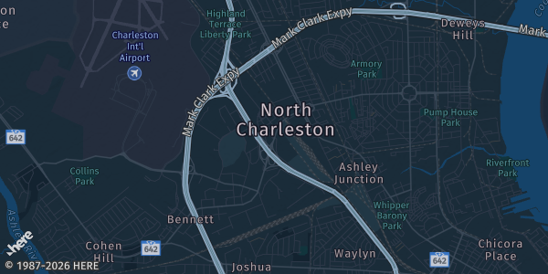 Map of North Charleston, SC. The exact address of Embassy Suites by Hilton Charleston Airport Hotel & Convention Center is not known, so the map shows the area rather than a specific building.