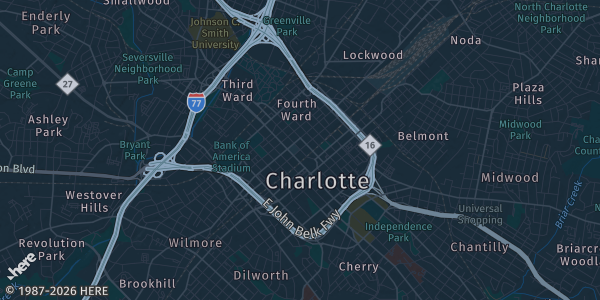 Map of Charlotte, NC. The exact address of The Park Expo & Conference Center is not known, so the map shows the area rather than a specific building.