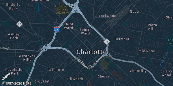 Map of Charlotte, NC. The exact address of The Park Expo & Conference Center is not known, so the map shows the area rather than a specific building.