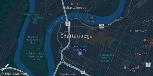 Map of Chattanooga, TN. The exact address of Chattanooga Convention Center is not known, so the map shows the area rather than a specific building.