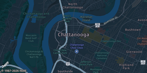 Map of Chattanooga, TN. The exact address of Chattanooga Convention Center is not known, so the map shows the area rather than a specific building.