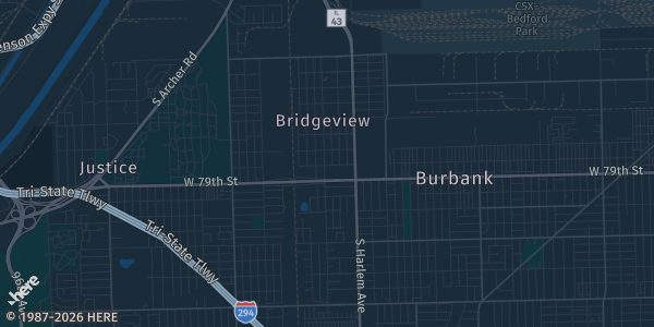 Map of Bridgeview, IL. The exact address of Bridgeview Community Center is not known, so the map shows the area rather than a specific building.