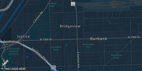 Map of Bridgeview, IL. The exact address of Bridgeview Community Center is not known, so the map shows the area rather than a specific building.