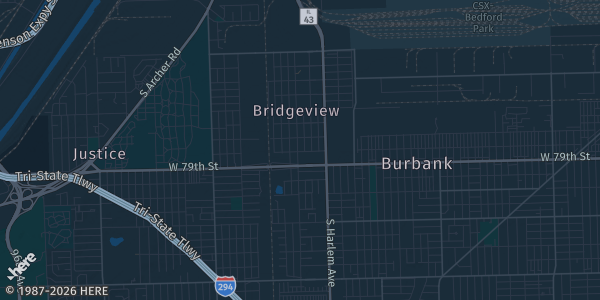 Map of Bridgeview, IL. The exact address of Bridgeview Community Center is not known, so the map shows the area rather than a specific building.