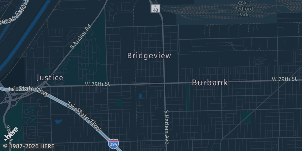 Map of Bridgeview, IL. The exact address of Bridgeview Community Center is not known, so the map shows the area rather than a specific building.
