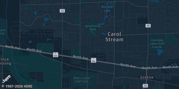 Map of Carol Stream, IL. The exact address of Holiday Inn & Suites is not known, so the map shows the area rather than a specific building.