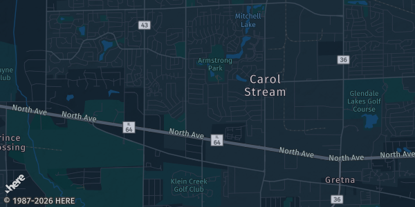 Map of Carol Stream, IL. The exact address of Holiday Inn & Suites is not known, so the map shows the area rather than a specific building.