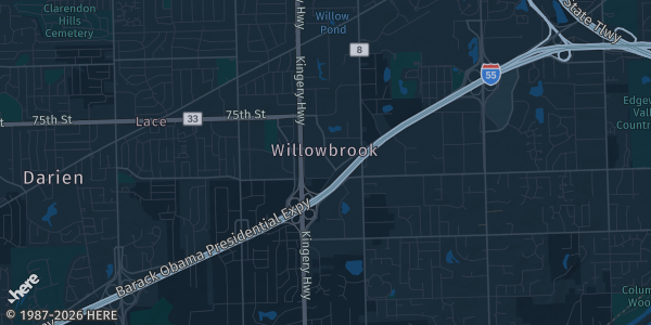 Map of Willowbrook, IL. The exact address of Willowbrook Burr Ridge Sports Perfomance Center is not known, so the map shows the area rather than a specific building.