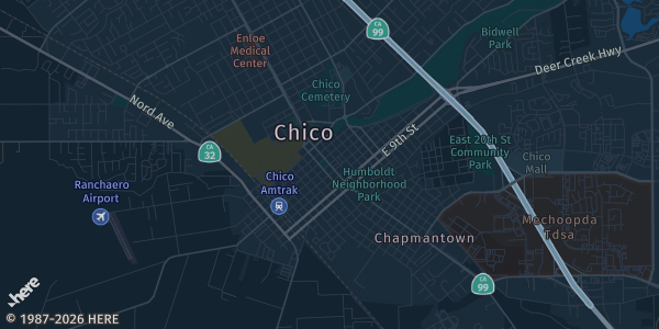 Map of Chico, CA. The exact address of Silver Dollar Fairgrounds is not known, so the map shows the area rather than a specific building.