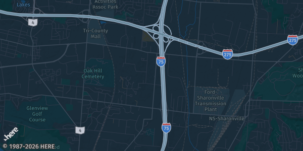 Map of Glendale, OH. The exact address of Sharonville Convention Center is not known, so the map shows the area rather than a specific building.