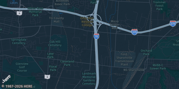 Map of Glendale, OH. The exact address of Sharonville Convention Center is not known, so the map shows the area rather than a specific building.