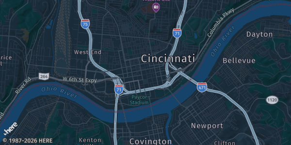 Map of Cincinnati, OH. The exact address of Cincinnati Comic Expo is not known, so the map shows the area rather than a specific building.