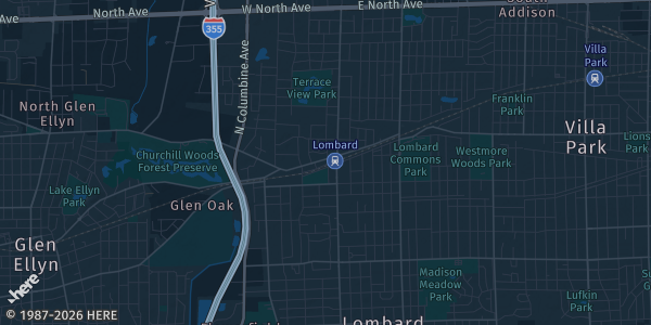 Map of Lombard, IL. The exact address of Yorktown Center is not known, so the map shows the area rather than a specific building.