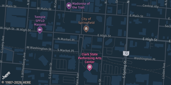 Map showing Courtyard by Marriott Springfield Downtown in Springfield, OH.