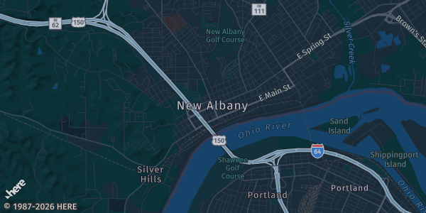 Map of New Albany, IN. The exact address of New Albany Indiana Armory is not known, so the map shows the area rather than a specific building.